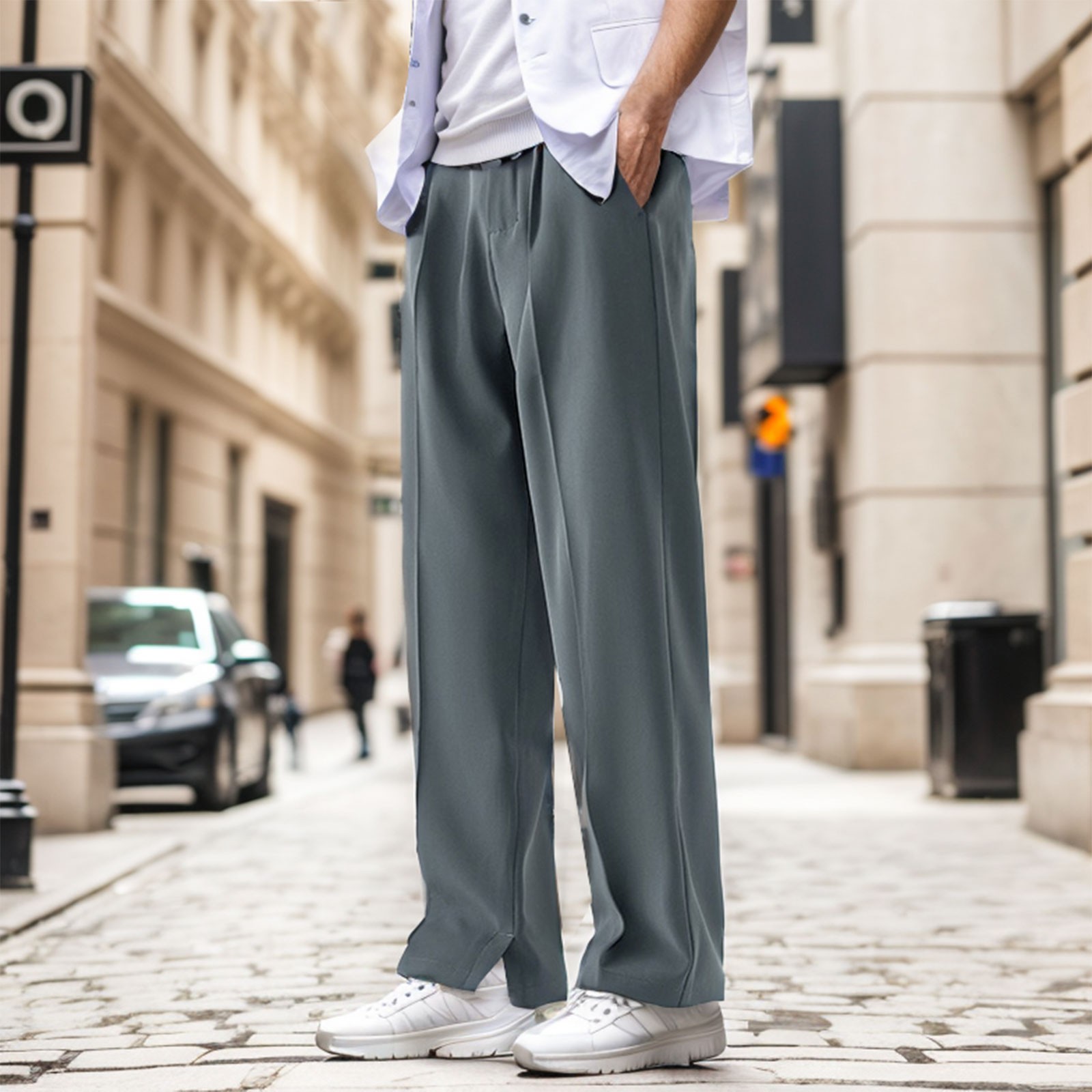 thumbnail image 4 of Pantalones holgados de seda helada con abertura para hombre: color liso, cintura media, diseño drapeado, para el día a día/ocasionales (M-XXXXL), 4 of 8